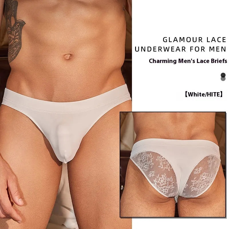 Black and white men's hipster briefs made from shark skin lace polyester fabric.
