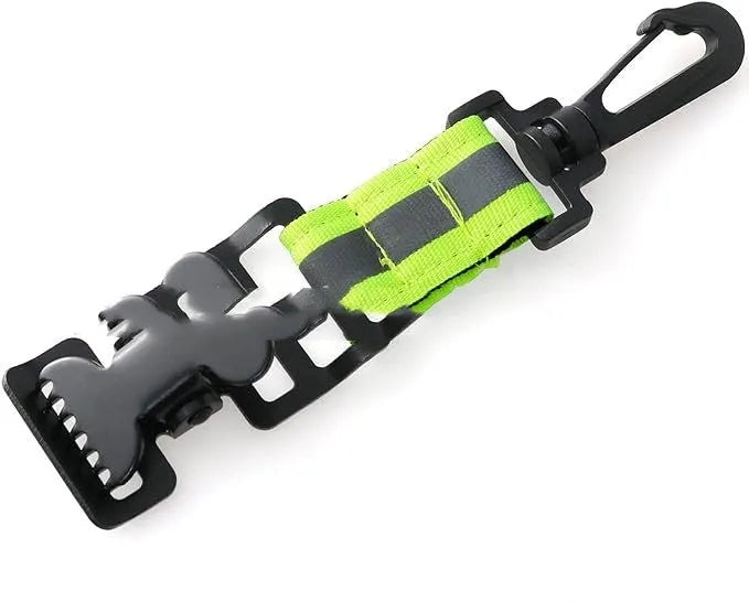 Fluorescent green metal safety clamp with reflective nylon lining for attaching work gloves.