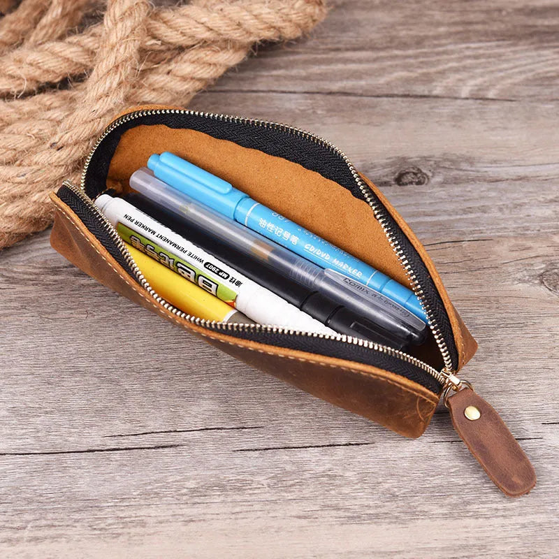 Handmade cowhide leather pencil case measuring 18cm long with zipper closure in black brown dark brown or yellow