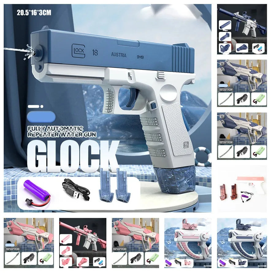 Blue electric space water gun with trigger, shown with USB charging cable and battery.