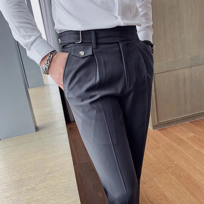 Men's straight-leg polyester casual trousers in solid khaki colour on a hanger.