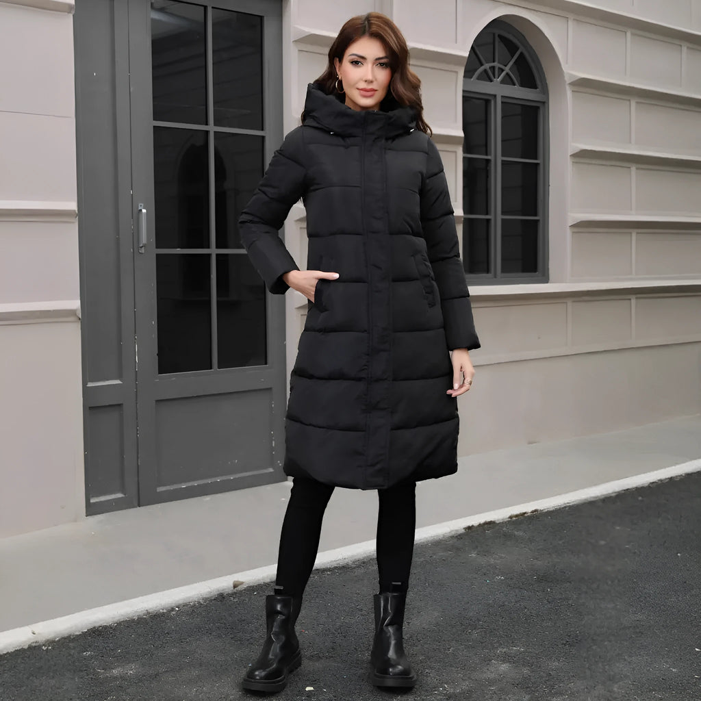 Black hooded slim-fit long jacket with a zip front and fleece lining.