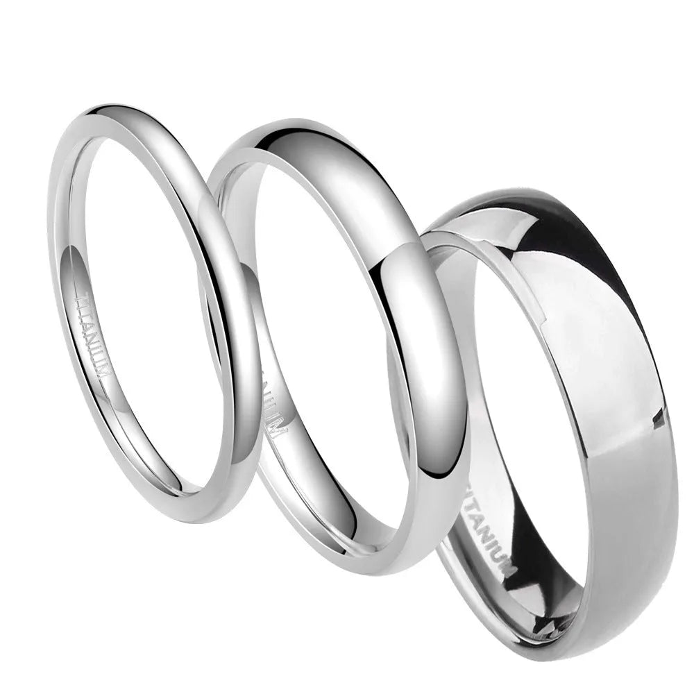 A simple matte silver titanium ring shown in three width options: 2mm, 4mm, and 6mm.