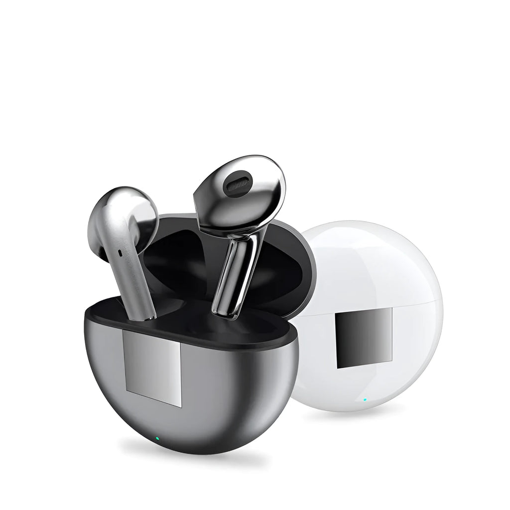 White Budz5 wireless Bluetooth earbuds with charging case featuring noise reduction technology