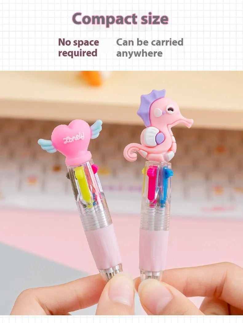 Cartoon-themed four colour press ballpoint pen with plastic and silicone body and 0.7mm tip.