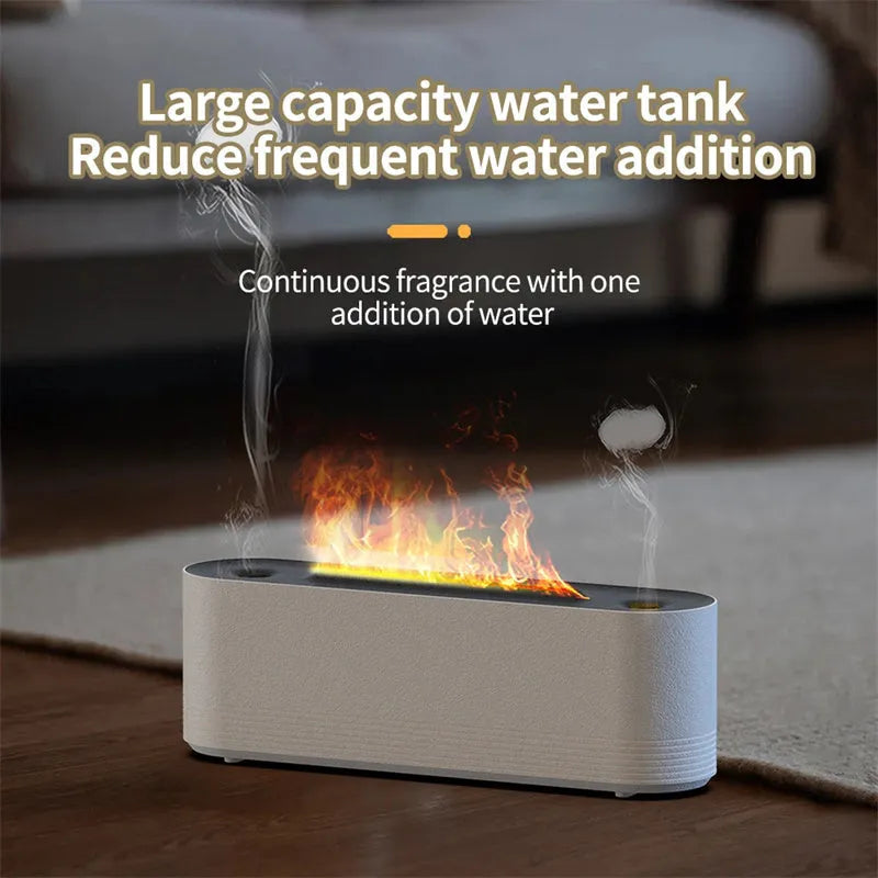 Black Flame Air Ultrasonic Humidifier emitting cool mist with a multi-colour LED flame light effect on a wooden table.