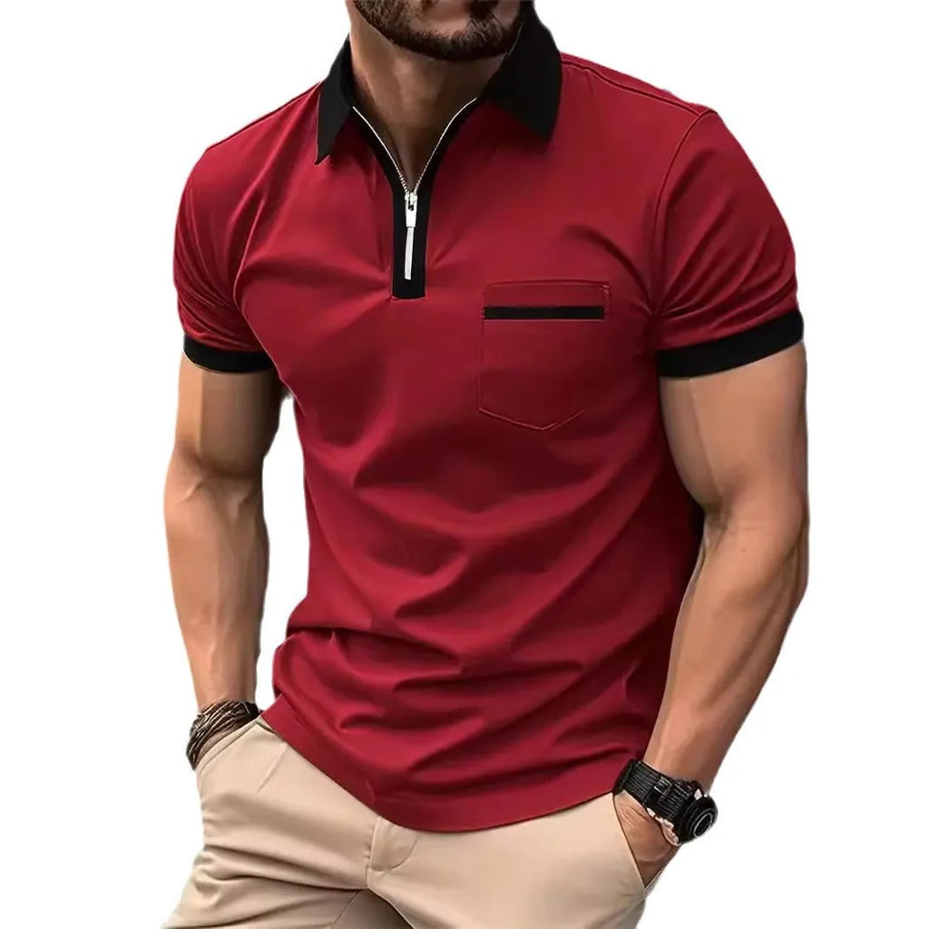 Men's casual short sleeve shirt with chest pocket and zipper decoration in multiple colour collar options
