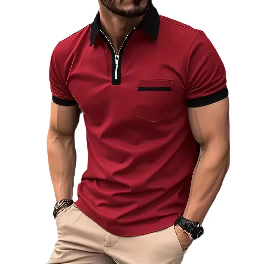 Men's casual short sleeve shirt with chest pocket and zipper decoration in multiple colour collar options