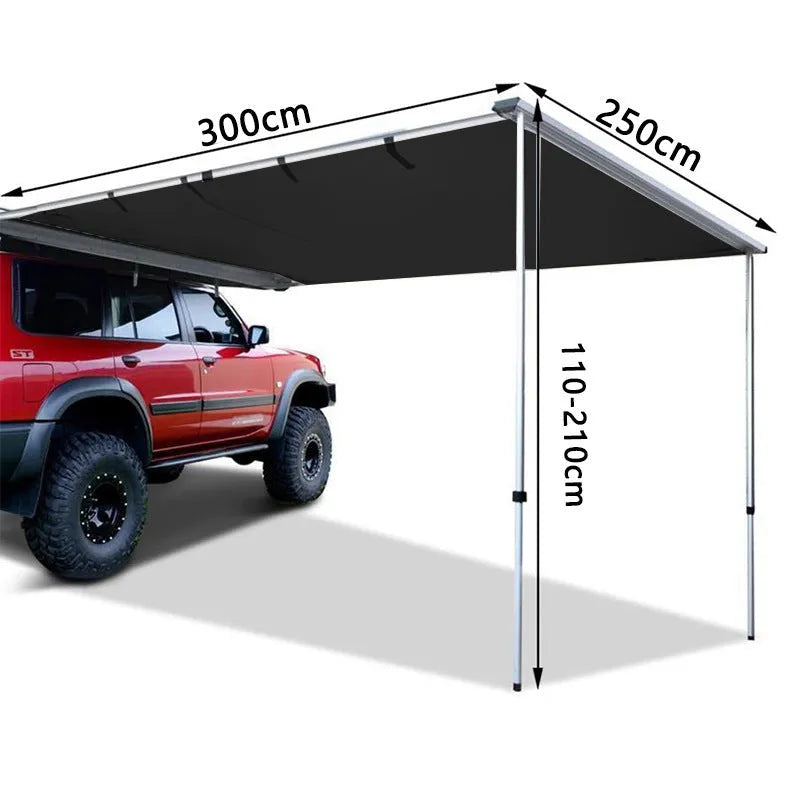 Black glue rainproof car sunshade tent with aluminium alloy poles showing two-room structure and side cloth option