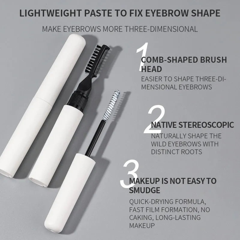 Brush applicator of pink and white eyebrow shaping gel for natural, long-lasting brows.