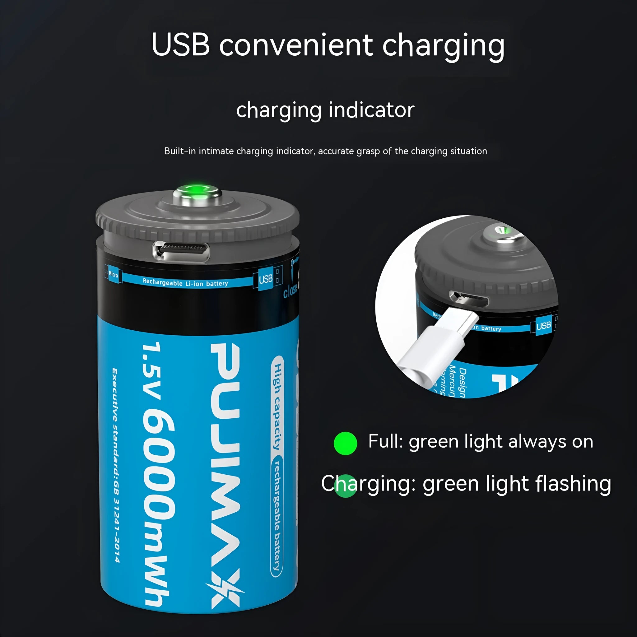 Rechargeable lithium C-type battery 6000mWh 1.5V with USB Type-C port on black background