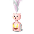 Pink and blue interactive cat toy with feather wand and rotating ball on bumbler base