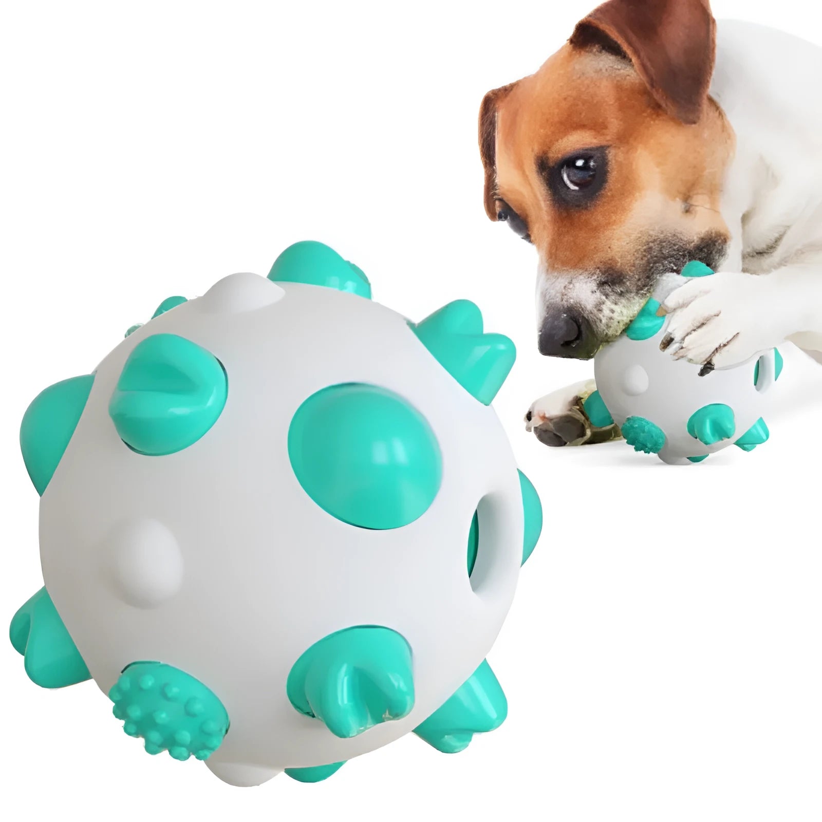 Dog teething chew toy ball with serrated bumps in blue, green, and yellow options