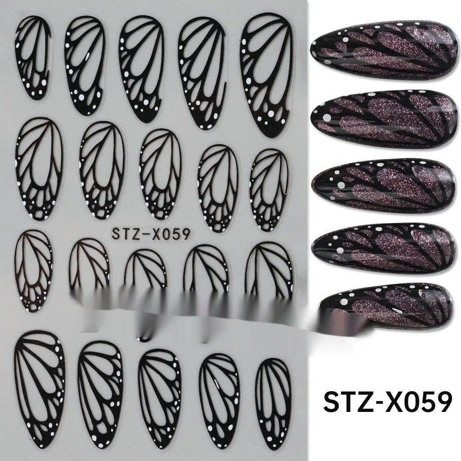 Set of 60 black and silver cartoon pattern nail strip stickers with plastic application patch.
