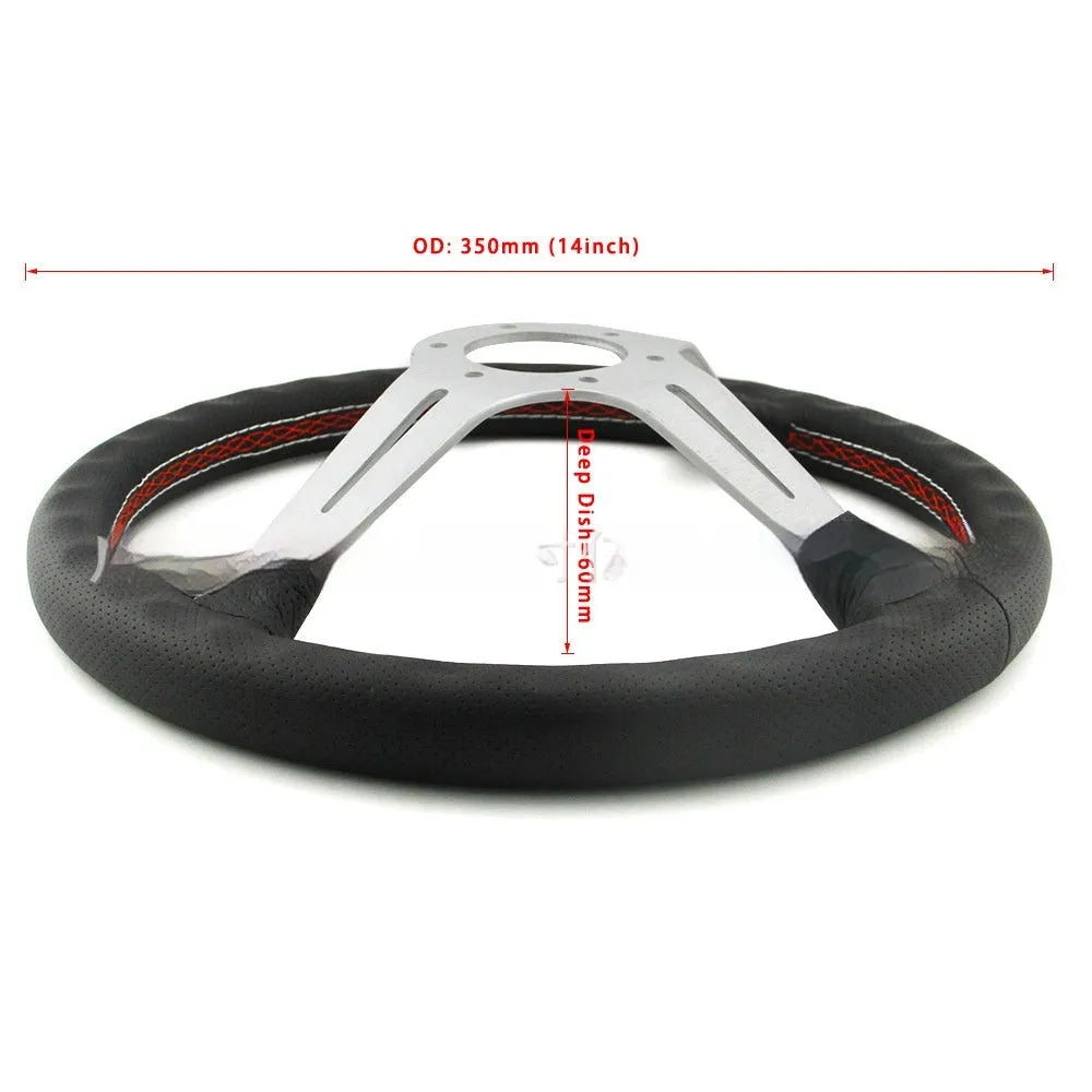14-inch leather automotive steering wheel with concave centre design showing black skeleton construction