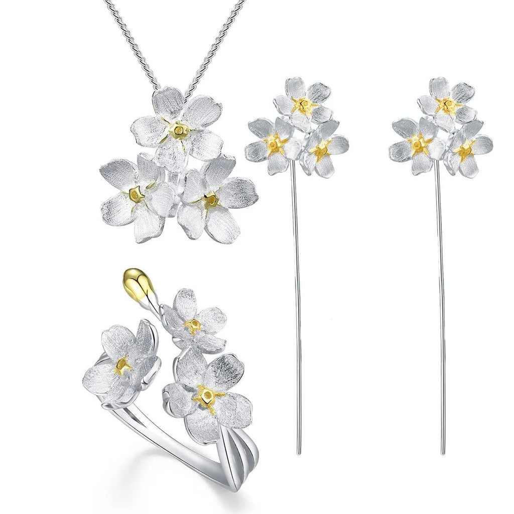 Sterling silver Myosotis flower pendant with pastoral design in electroplated finish