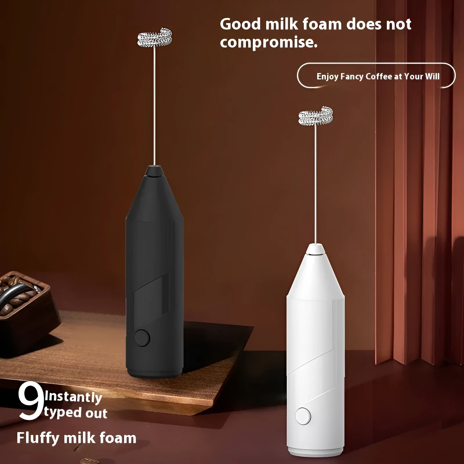 Mini handheld electric milk frother in black, white, or khaki with a stainless steel whisk and USB charging port.