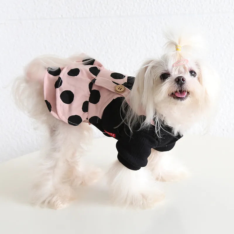Dog wearing lapel shoulder strap couple outfit with owner, available in four-legged and skirt styles