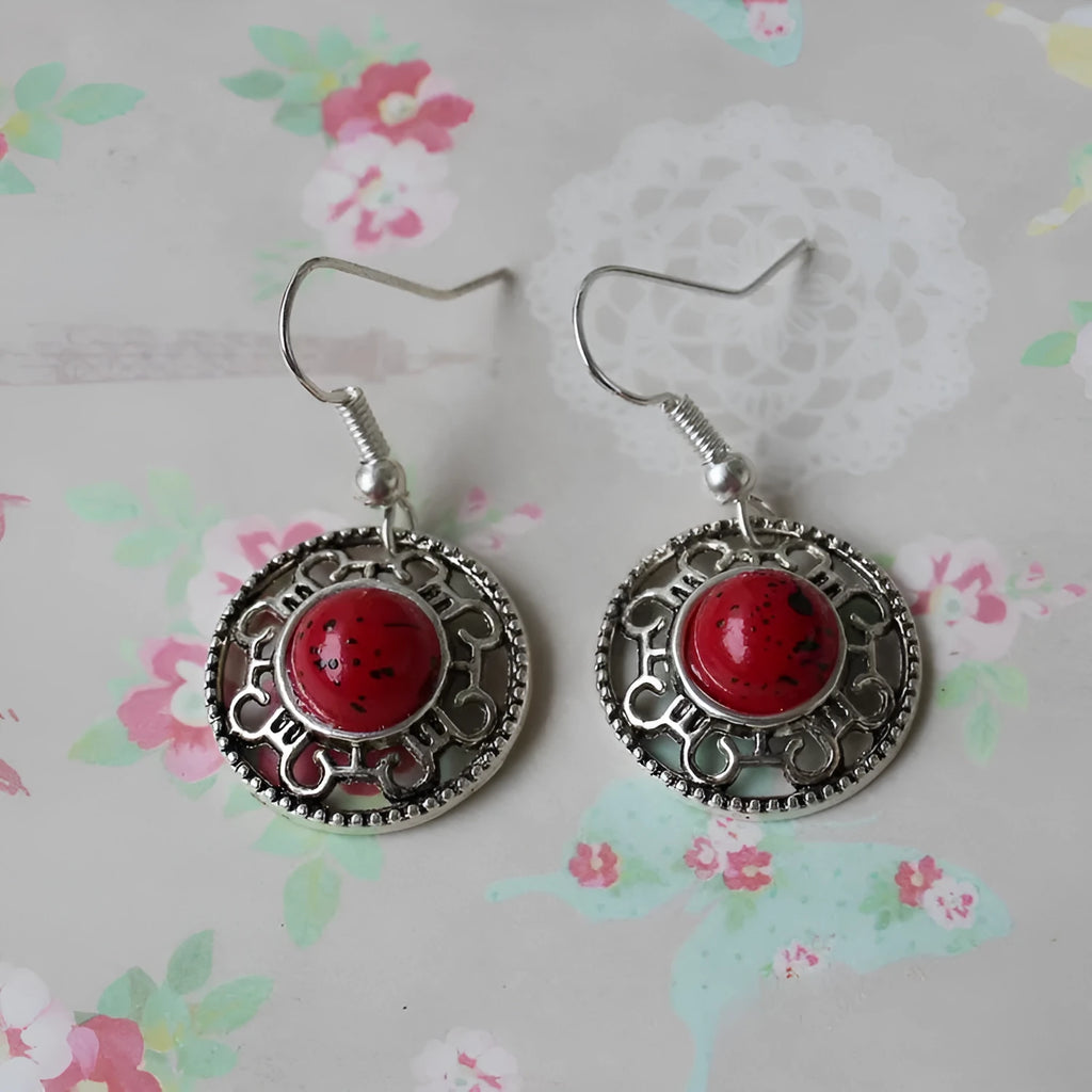 Miao silver retro geometric turquoise flower disk earrings with ethnic patterns in Tibetan silver