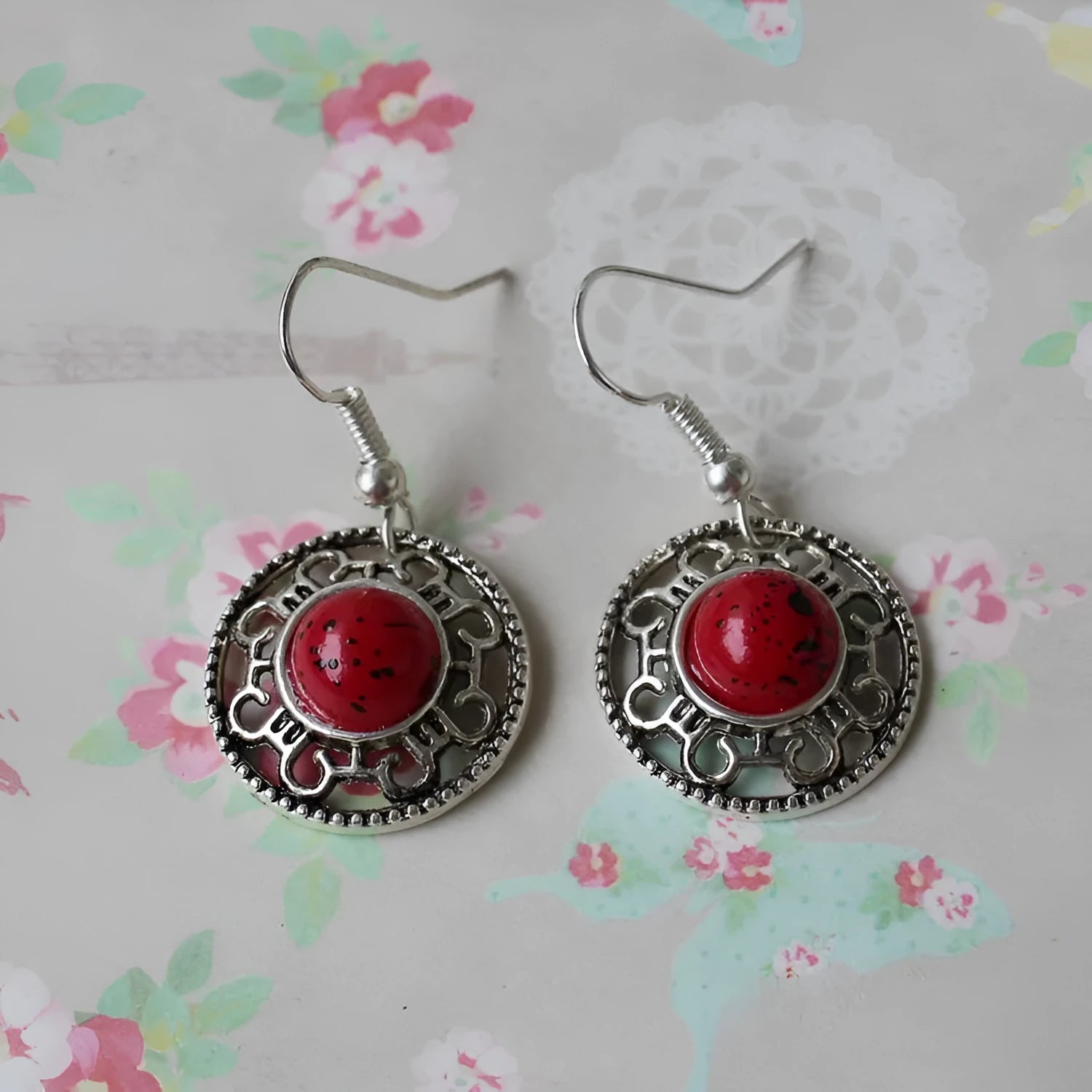 Miao silver retro geometric turquoise flower disk earrings with ethnic patterns in Tibetan silver