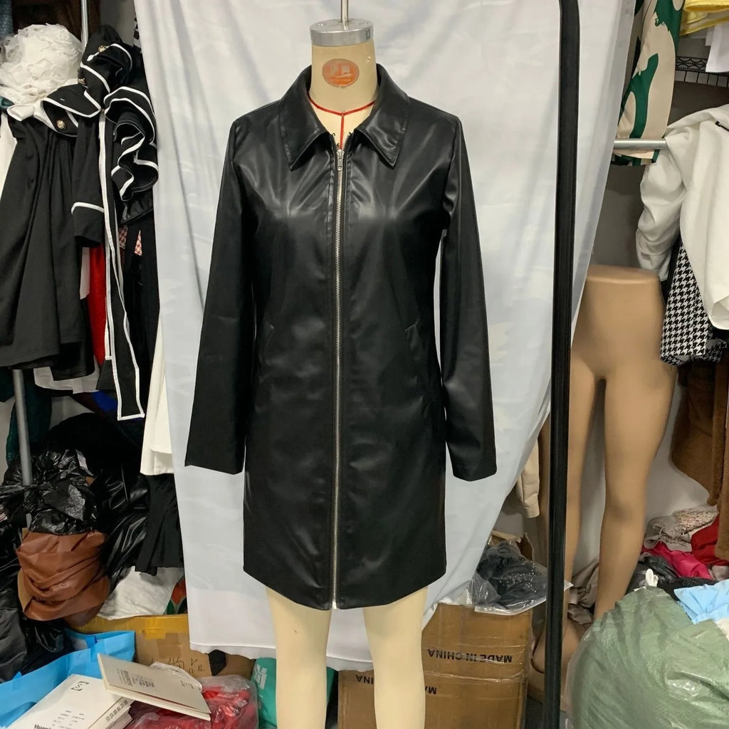 Women's black polyester leather jacket with medium 65cm length and long sleeves