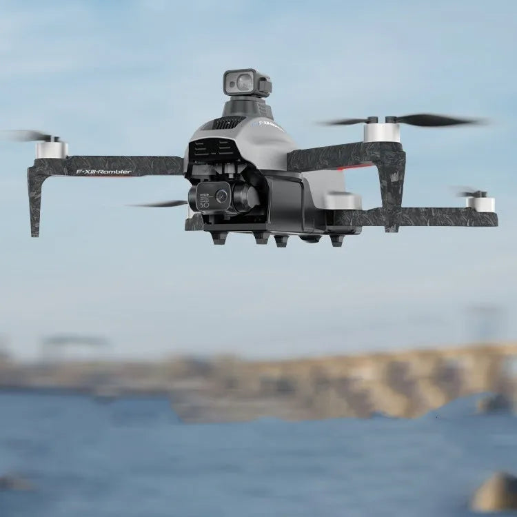 White folding quadcopter drone with 4K camera and obstacle avoidance sensors in unfolded position