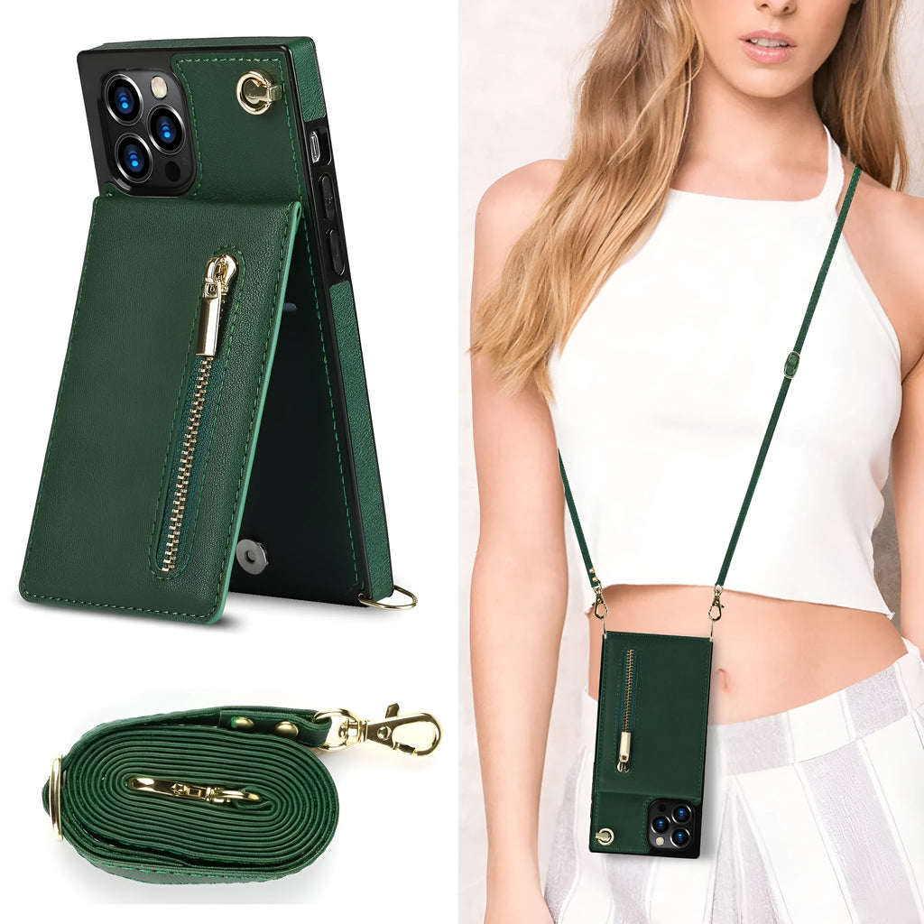 Black leather and TPU protective case fitted on a smartphone, showing precise cutouts for camera and ports.