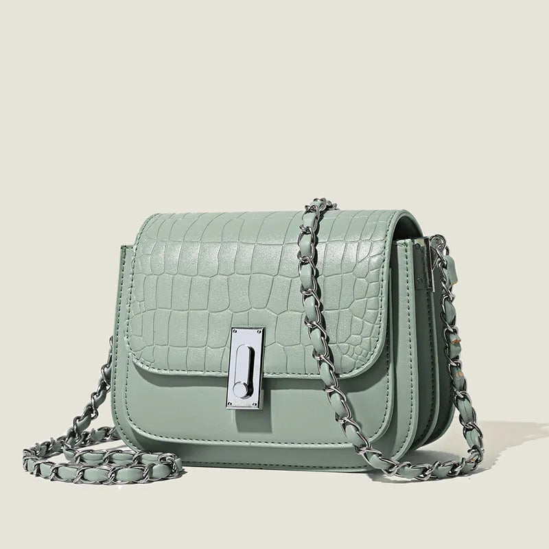 Women's soft PU chain shoulder bag in black with interior phone pocket and crossbody strap