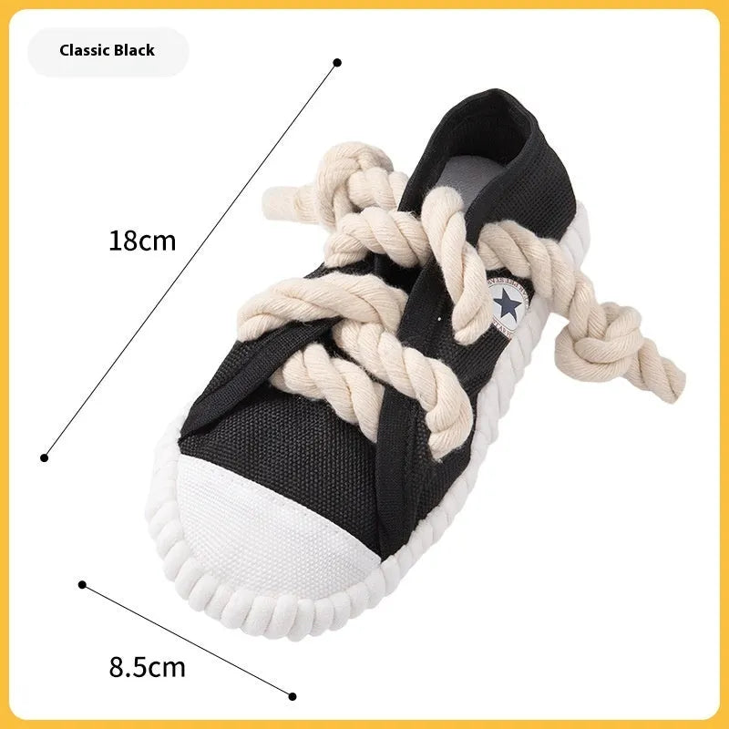 Plastic dog slippers chew toy with squeaker in yellow, black or blue colours