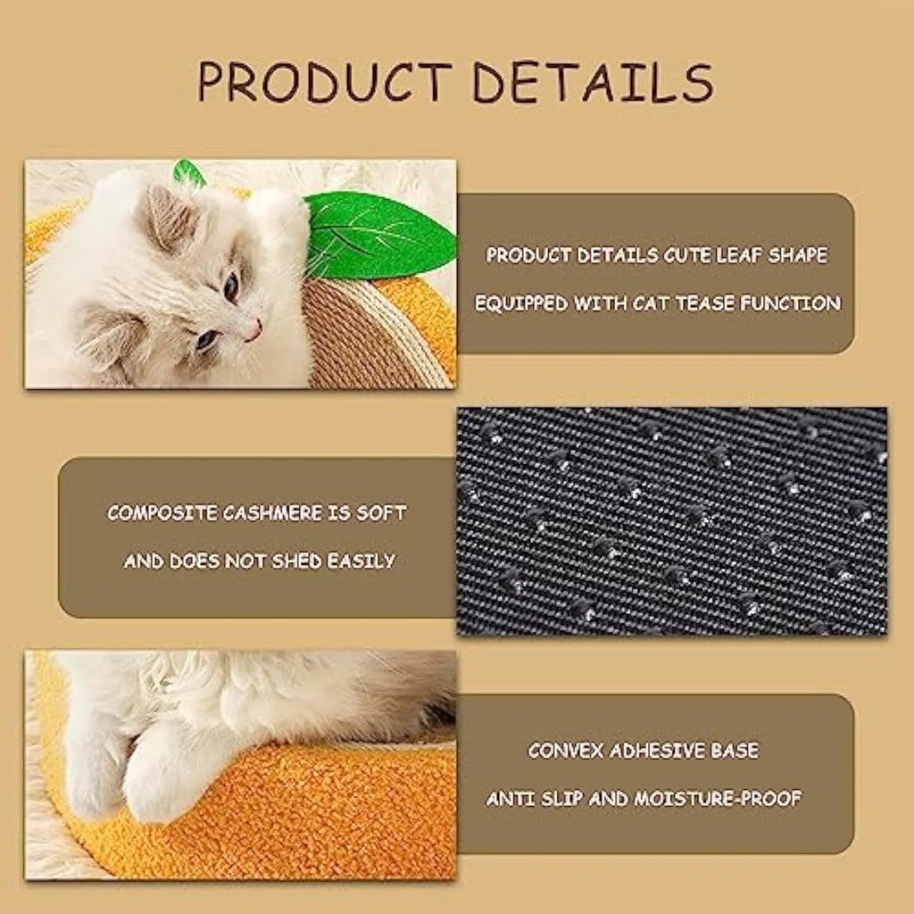 Yellow and orange round sisal cat scratching board with a concave centre bed.