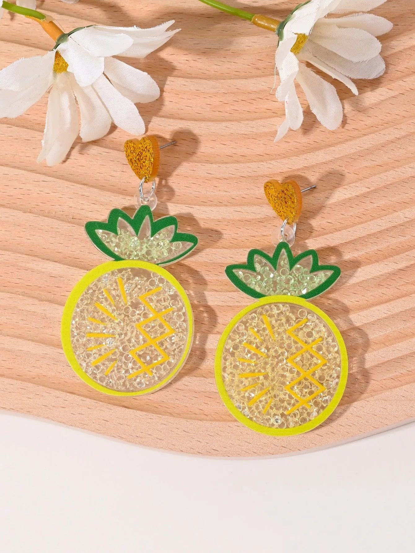 Colourful acrylic earrings with cherry, strawberry, watermelon, pineapple, coconut tree, cake, and ice cream designs for women.