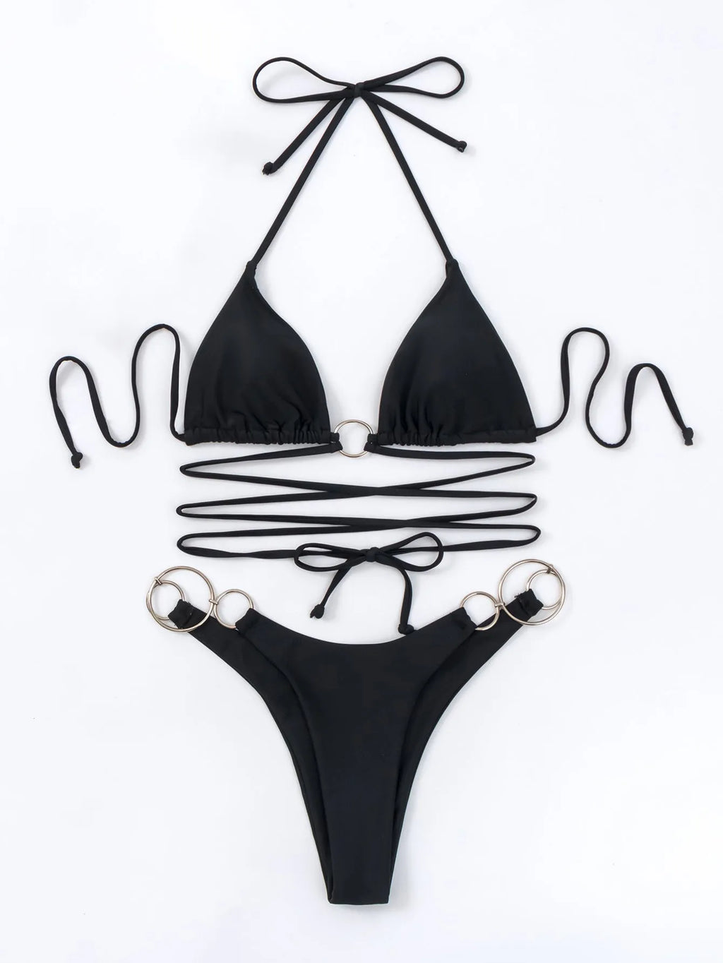 Black women's backless bikini set with long straps and metal ring details