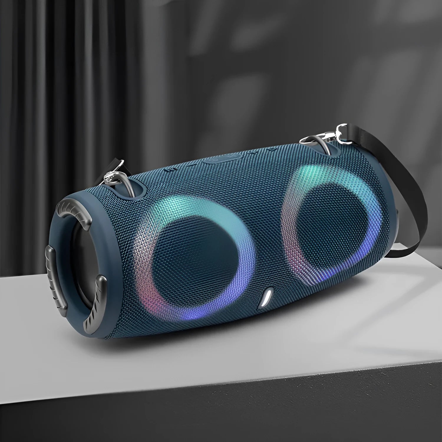 War Drum portable Bluetooth speaker with coloured RGB lights in black, blue, red, silver grey, or camouflage.
