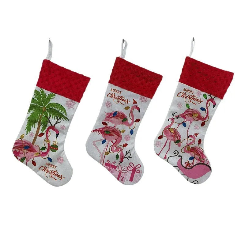 Flamingo Christmas stocking decoration in cloth material measuring 46 by 28 centimetres
