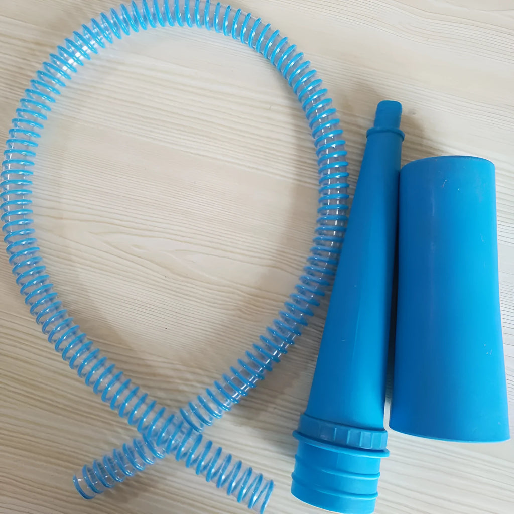 Blue and white plastic suction pipe cleaner with round head, 114 cm long, next to a pack of blue opp bags.