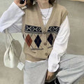 Loose fit sleeveless cardigan top with diamond plaid pattern in acrylic fibre