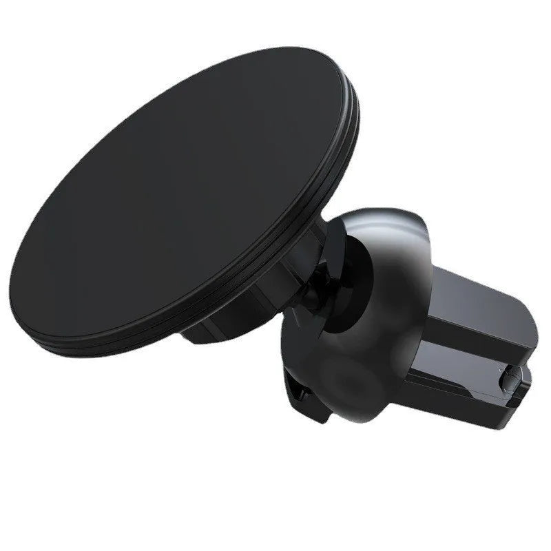 Black aluminium alloy magnetic car phone holder mounted on air vent with smartphone attached