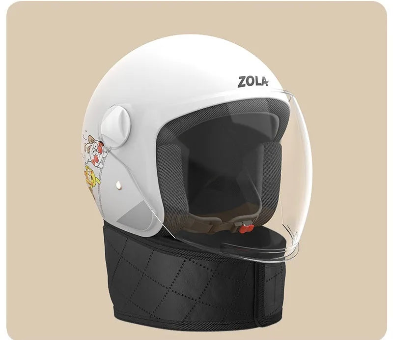Blue winter bicycle helmet with attached scarf and anti-fog visor for electric bike commuting.