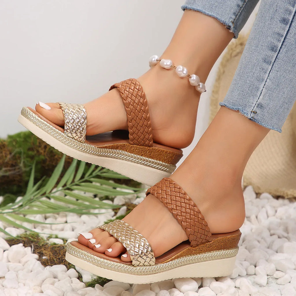 Women's gold wedge sandals with adjustable ankle strap showing PU leather construction and rubber sole