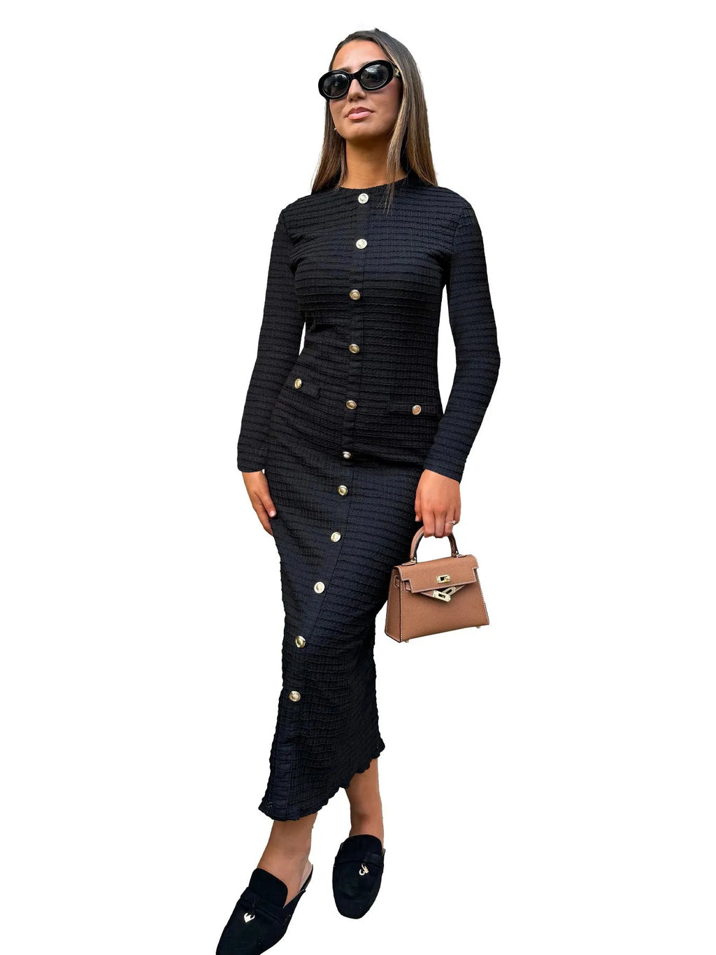 Black and white retro slim fit long-sleeved knitted dress with button front