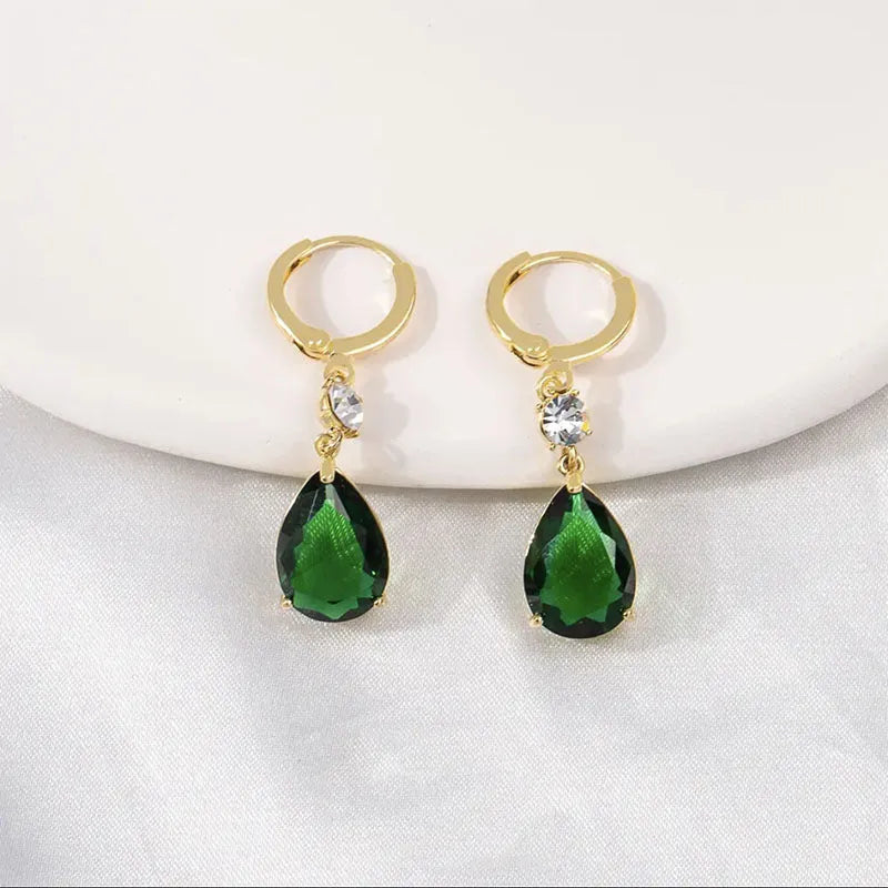 Green geometric teardrop alloy drop earrings for pierced ears.