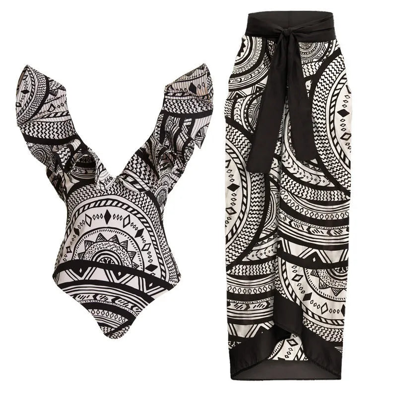 Women's vintage print one-piece swimsuit with deep V-neck and ruffled trim, includes matching wrap skirt