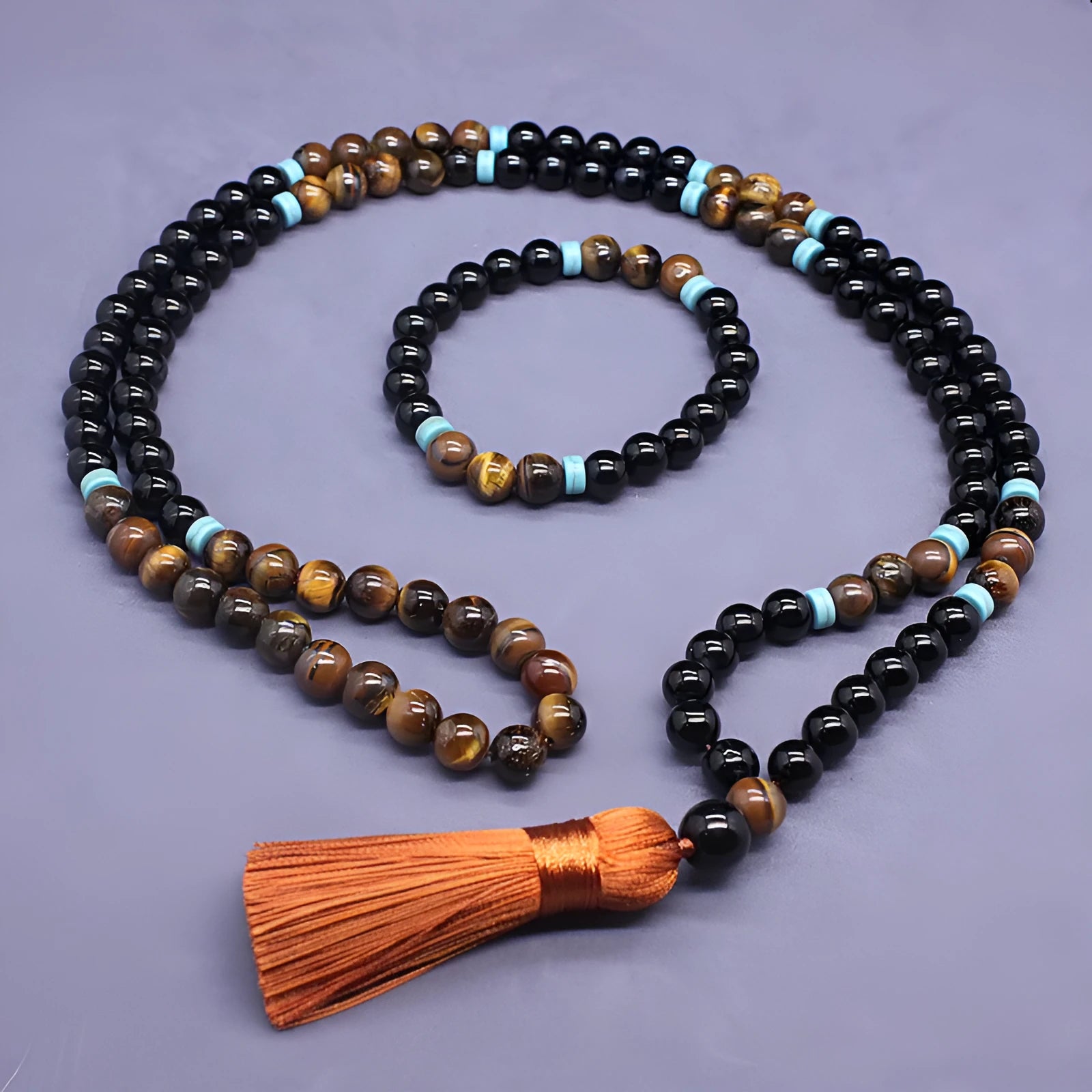 Black agate jewellery set with tiger's eye stone geometric bracelet and necklace