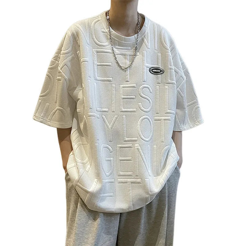 Men's grey t-shirt with raised letter pattern, short sleeves, loose fit