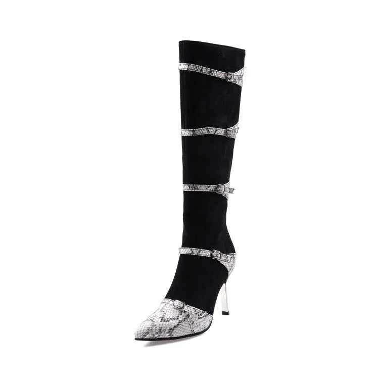Women's grey knee-high high-heel boots with a thin 9cm heel and a 33cm shaft.