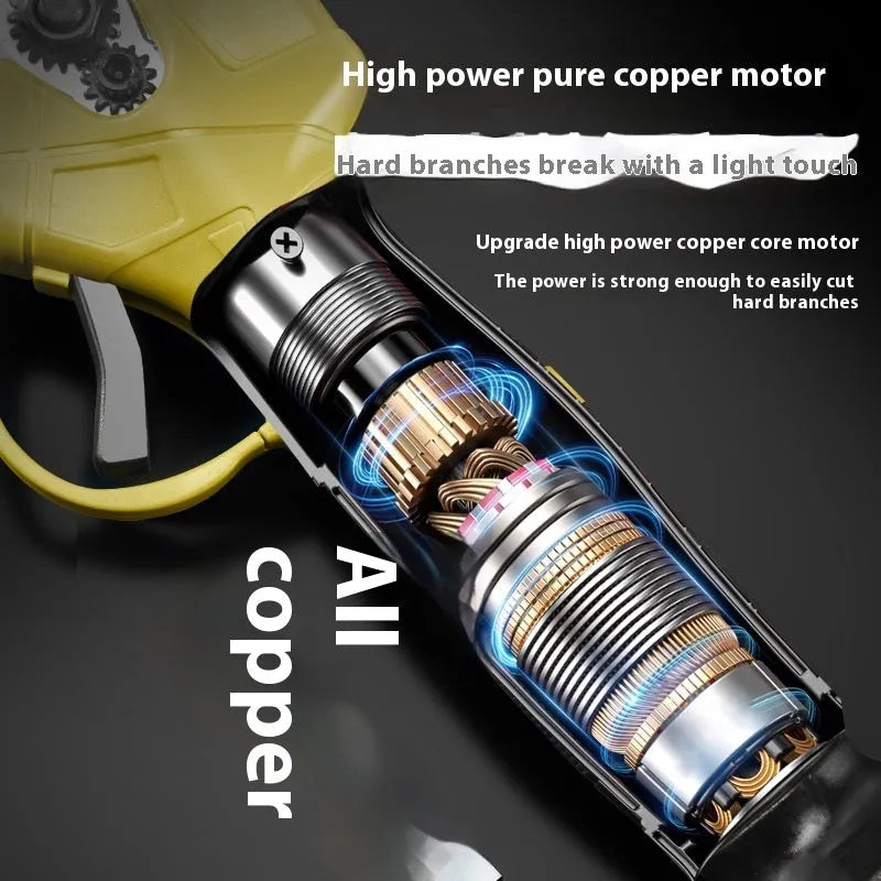 Wireless electric pruning knife with brushless motor, two lithium batteries, and five-section plastic storage case