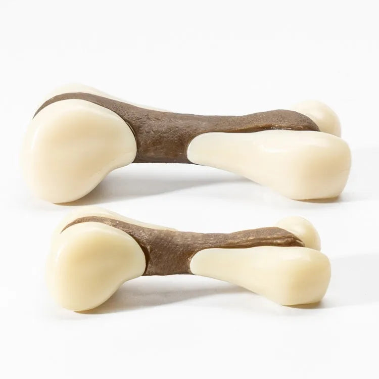 Cowhide and nylon bone grinding rod dog chew toy in small and large foodie bones sizes