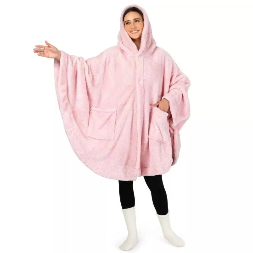 Thickened hooded bathrobe in polyester shown in black, dark grey, and pink colour options.