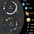 Two natural stone zodiac sign bracelets showing bead detail and celestial design