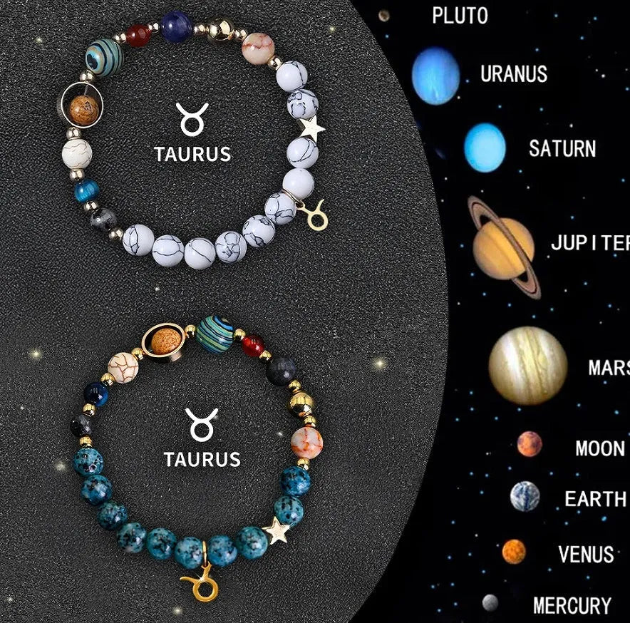 Two natural stone zodiac sign bracelets showing bead detail and celestial design